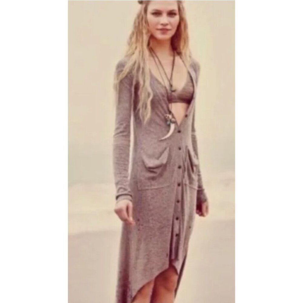 New FP Beach Bonita Ribbed Cover Up Cardigan Womens L Taupe Dress